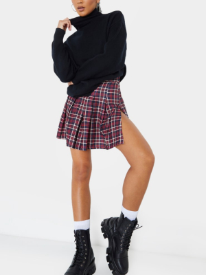 Navy Pleated Check Side Split Tennis Skirt