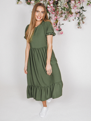 Kaylee Smock Tiered Midi Dress / Khaki