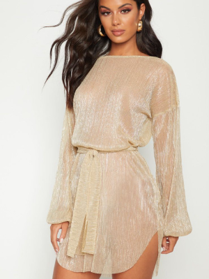 Gold Plisse Balloon Sleeve Sheer Shift Dress