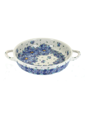 Blue Rose Polish Pottery Blue Starflower Small Round Baker With Handles