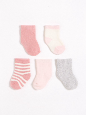 5 Pack Of Grey, Pink & White Socks