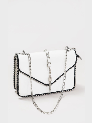 White Pu Chain And Tassel Trim Cross Body Bag