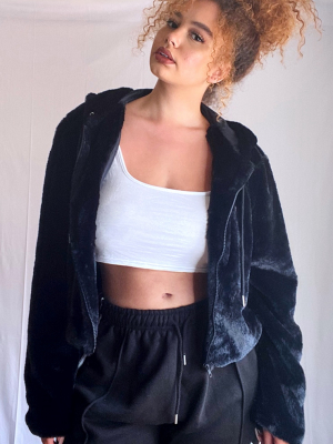 Plus Black Faux Fur Cropped Hooded Jacket