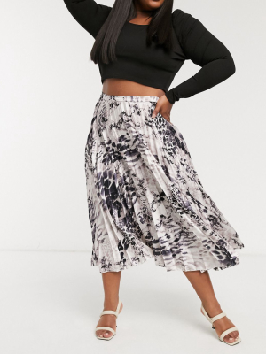 Asos Design Curve Satin Pleated Midi Skirt In Mono Animal Print