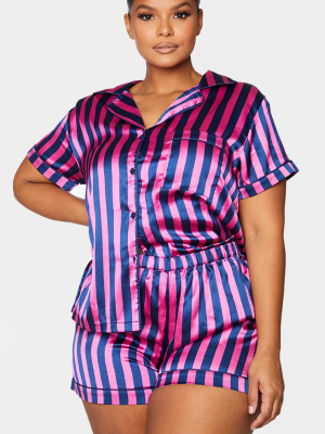 Plus Navy And Pink Stripe Print Short Satin Pj Set