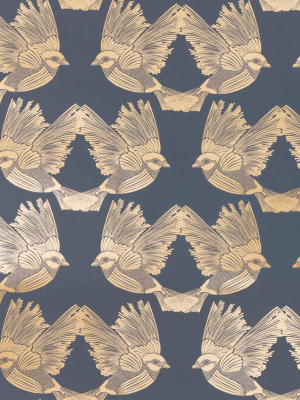 Birds Wallpaper Deep Blue/gold