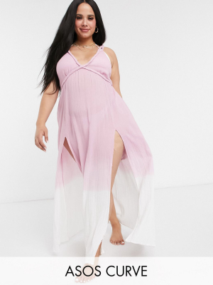 Asos Design Curve Braid Maxi Beach Dress In Textured Pink Ombre