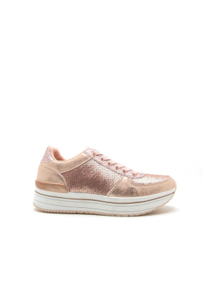 Tweed-04 Rose Gold Sequin Lace Up Sneaker