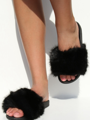 Black Faux Fur Strap Slides