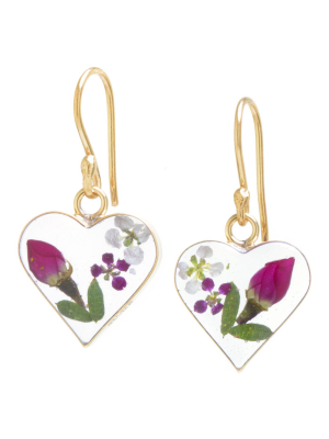 Women's Gold Over Sterling Silver Pressed Flowers Small Heart Drop Earrings