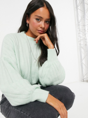 Bershka Wide Ribbed Volume Sleeve Sweater In Mint Green