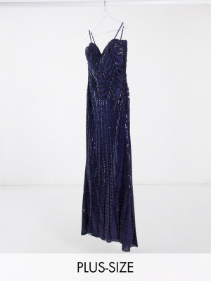 Goddiva Plus Bandeau Sequin Embellished Maxi Dress In With Thigh Split Navy