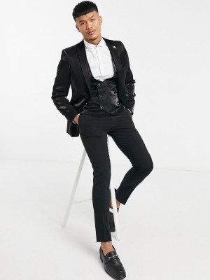 Twisted Tailor Suit Jacket With Velvet Collar In High Shine Black