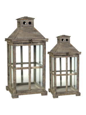 2pc Wood And Glass Lantern Set Brown - A&b Home