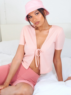 Peach Rib Tie Front Short Sleeve Crop Top