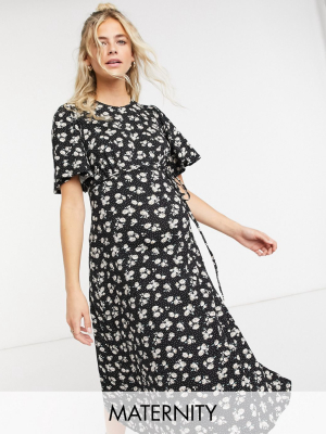 New Look Maternity Flutter Sleeve Midi Dress In Black Pattern