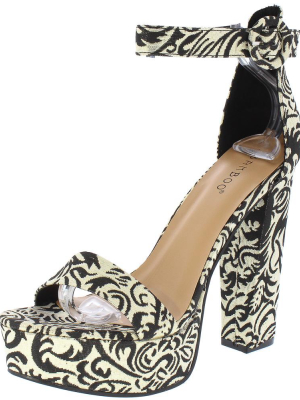 Tournament78m Black Damask Open Toe Ankle Strap Platform Heel