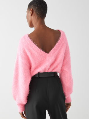 Relaxed Fuzzy V-cut Back Sweater