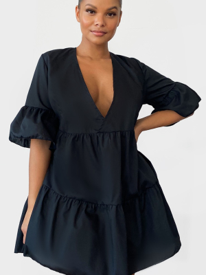 Plus Black Woven V Neck Tiered Smock Dress