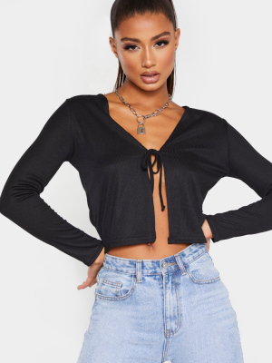 Black Rib Tie Front Crop Top