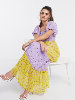 Asos Design Shirred Bustier Tiered Maxi Dress With Puff Sleeve In Mixed Floral Print