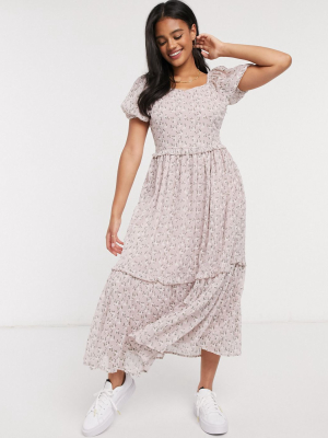 Y.a.s Midaxi Dress With Tiered Skirt And Puff Sleeves In Floral Print