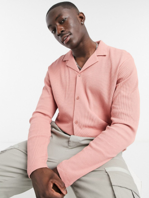 Asos Design Waffle Jersey Shirt With Camp Collar In Dusty Pink