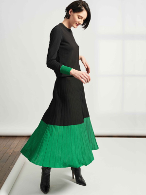 Colette Pleated Knit Midi Skirt With Contrast Hem - Emerald Green/black