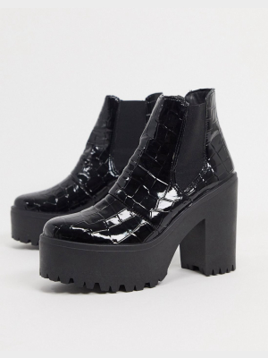 Topshop High Chelsea Boots In Black Croc