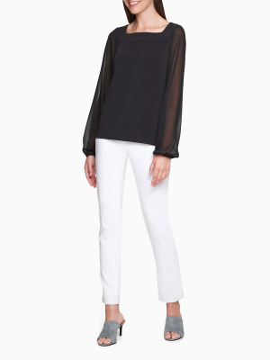 Solid Square Neck Chiffon Sleeve Top