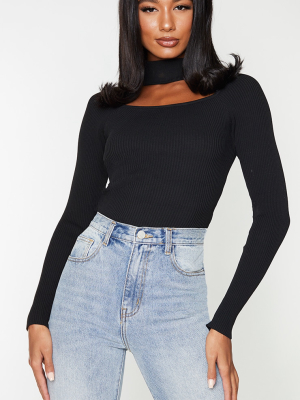 Black Choker Neck Detail Knitted Long Sleeve Top