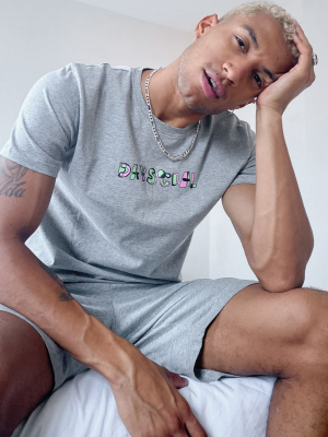 Asos Day Social Lounge T-shirt And Short Pajama Set With Day Social Slogan In Gray Marl