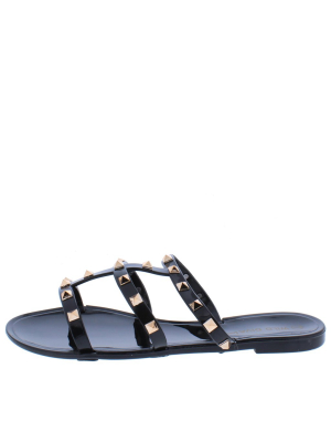 Joanie228 Black Studded Caged Open Toe Slide Sandal