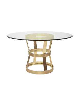 Industrial Style Dining Table In Antique Brass With 54" Diameter Glass Top