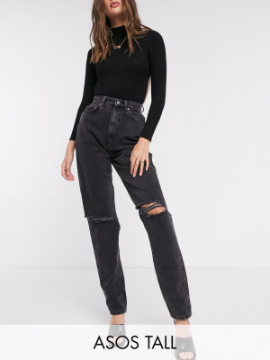 Asos Design Tall High Rise 'slouchy' Mom Jeans In Washed Black With Rips