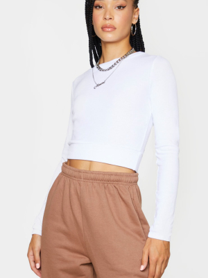 Cream Soft Rib Crop Waistband Long Sleeve Crop Top