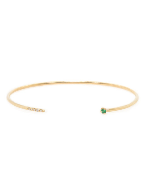 14k Gold Thin Round Cuff With 5 Pave White Diamonds And Emerald