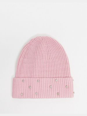 My Accessories London Ribbed Beanie Hat In Pink With Rhinestones