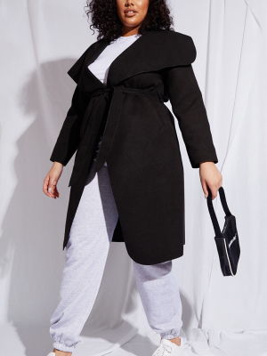 Plus Black Oversized Waterfall Belt Coat