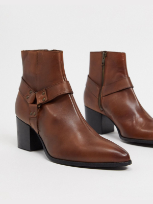 Asos Design Heeled Chelsea Boots With Pointed Toe In Brown Leather With Strap Detail