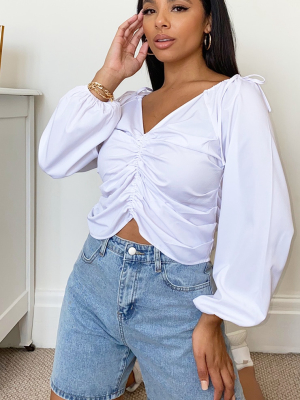 White Oversized Sleeve Woven Ruched Blouse