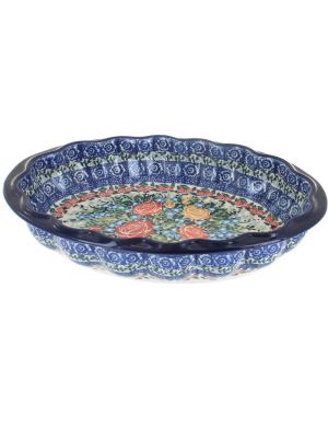 Blue Rose Polish Pottery Crimson Roses Scallop Baking Dish