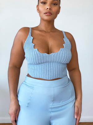 Plus Dusty Blue Knit Strappy Scallop Edge Crop Top