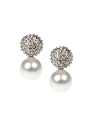 Pave Crystal & Pearl Bottom Pierced Or Clip Earrings