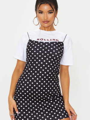 Black Polka Dot Print Strappy Scuba Shift Dress