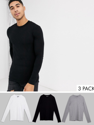 Asos Design 3 Pack Muscle Fit Long Sleeve T-shirt With Crew Neck