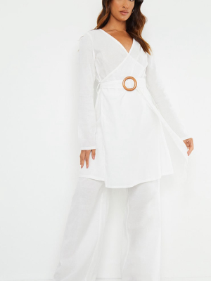 White Wooden Belted Long Sleeve Jacket