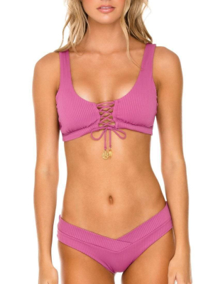 Luli Fama Orillas Del Mar Lace Up Bralette Bikini Top In Raspberry