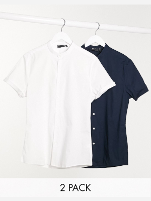 Asos Design 2 Pack Skinny Fit Smart Shirt With Grandad Collar Save