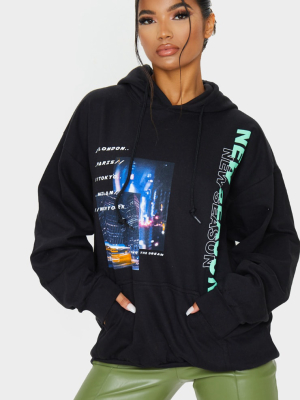 Black New Season City Oversized Printed Hoodie